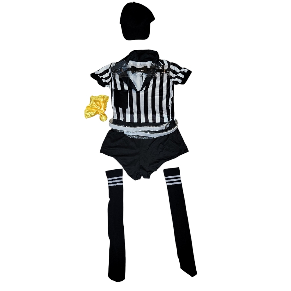 Referee Costume Halloween with Belt, Hat, Bowtie, and Penalty Flag. Size S